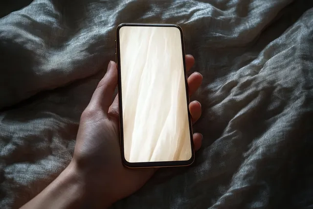 Hand holding a smartphone with a blank glowing screen above crumpled dark fabric