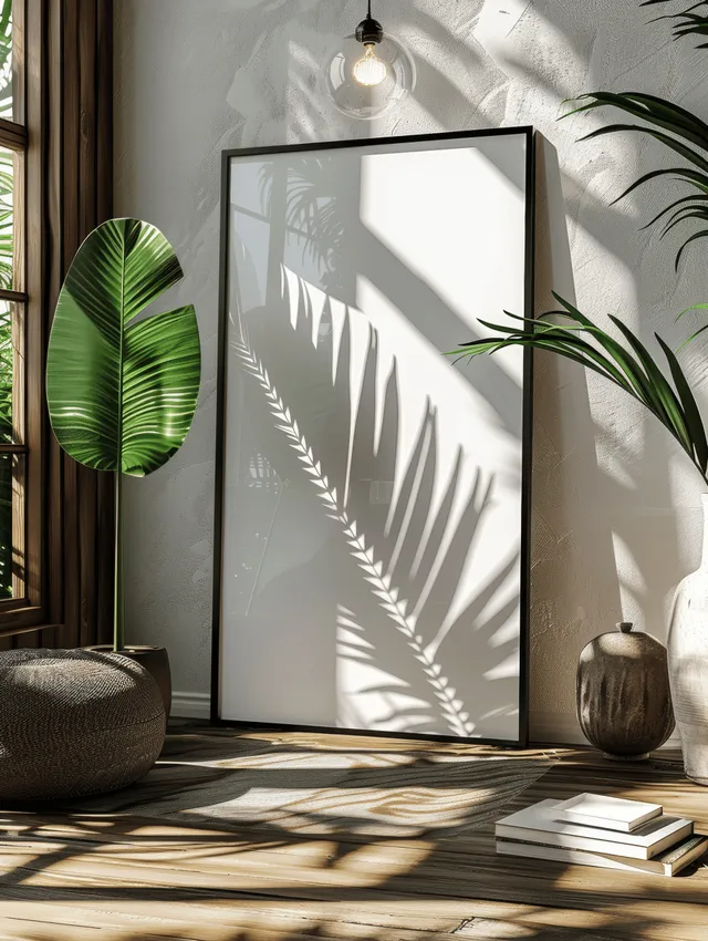 Black A4 poster frame on a wall with palm-leaf shadows beside books and vases in a sunlit living room.
