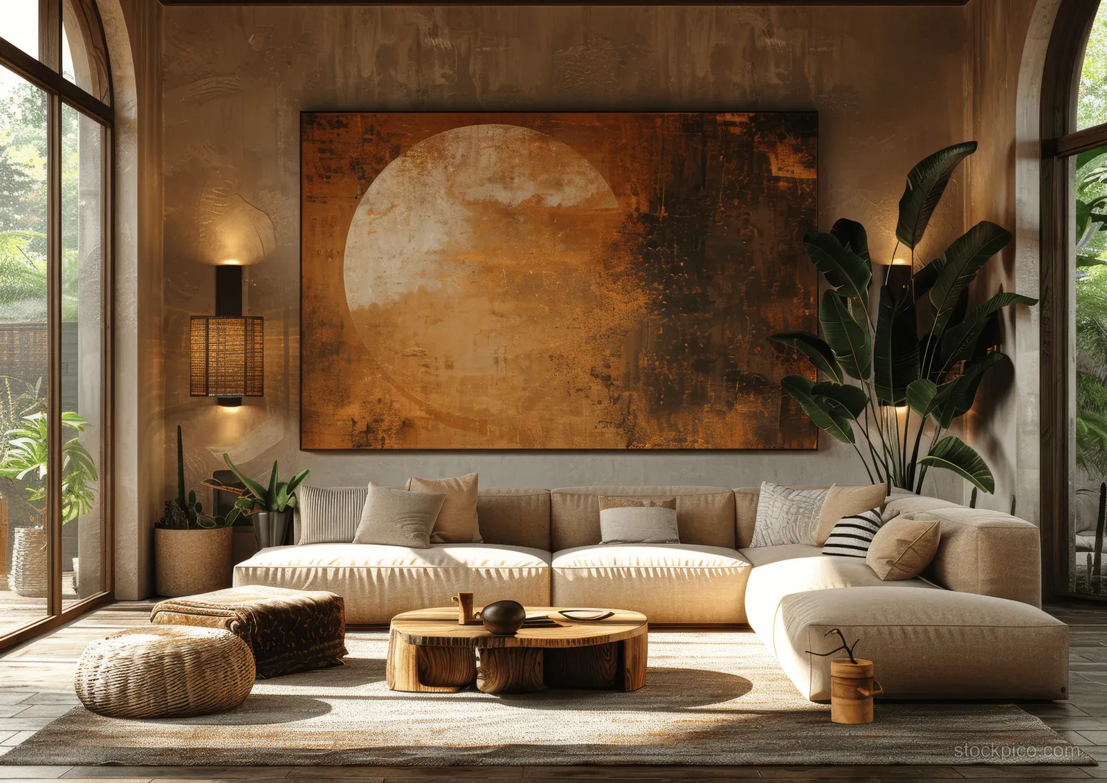 Beige sofa in a Scandinavian living room beside an abstract wall painting with daylight from tall windows.