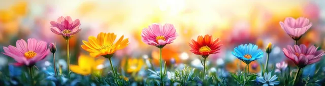 Colorful cosmos flowers sway in a spring field beneath warm golden sunlight and a softly blurred background.