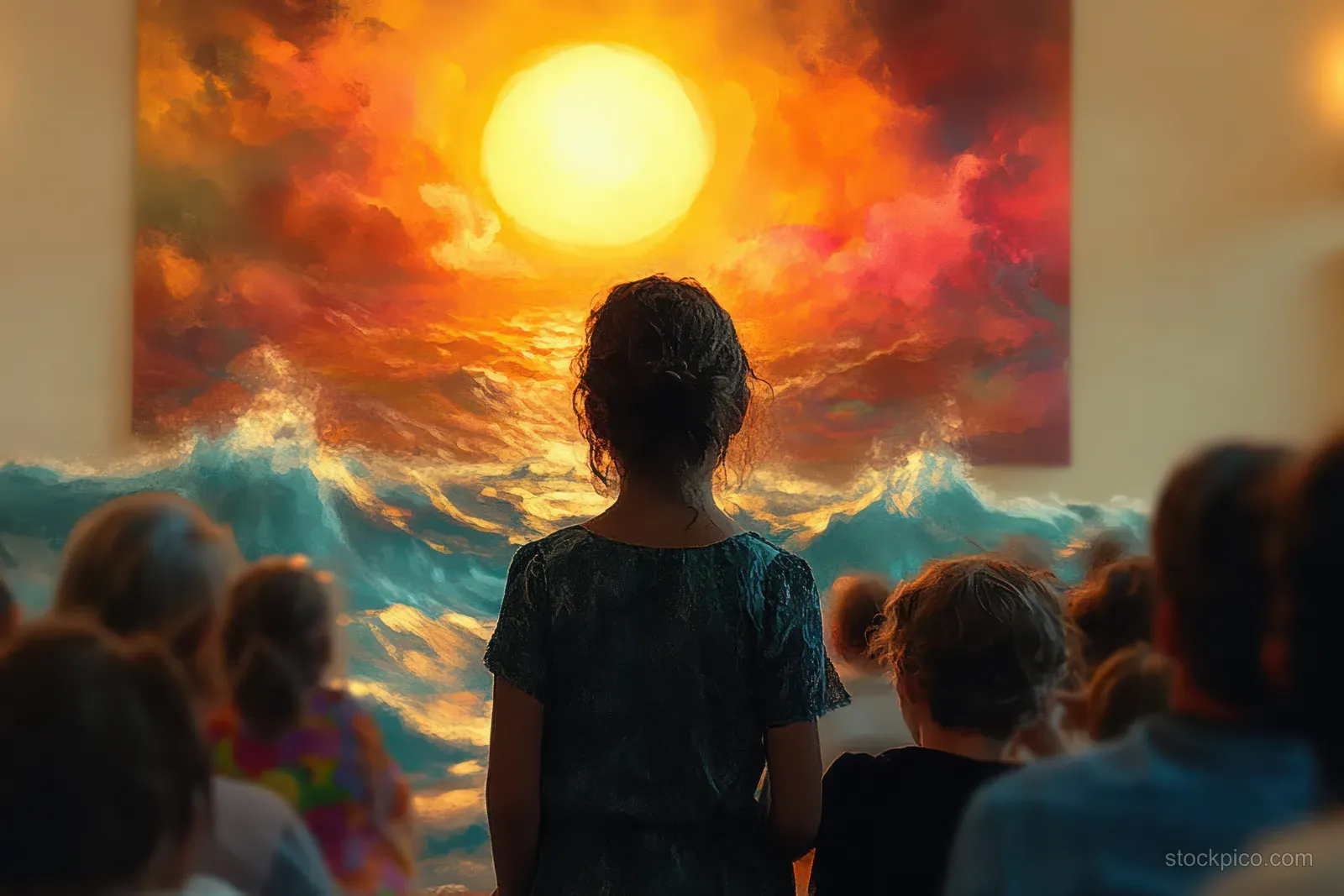 Children in a gallery look at a large painting of a glowing sun over turbulent ocean waves.
