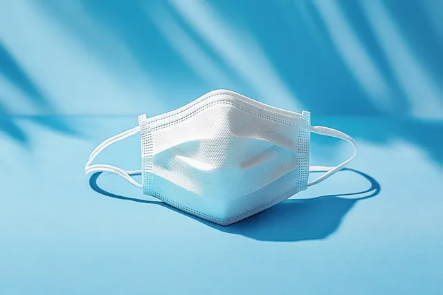 White disposable face mask resting on smooth blue surface with soft shadow details
