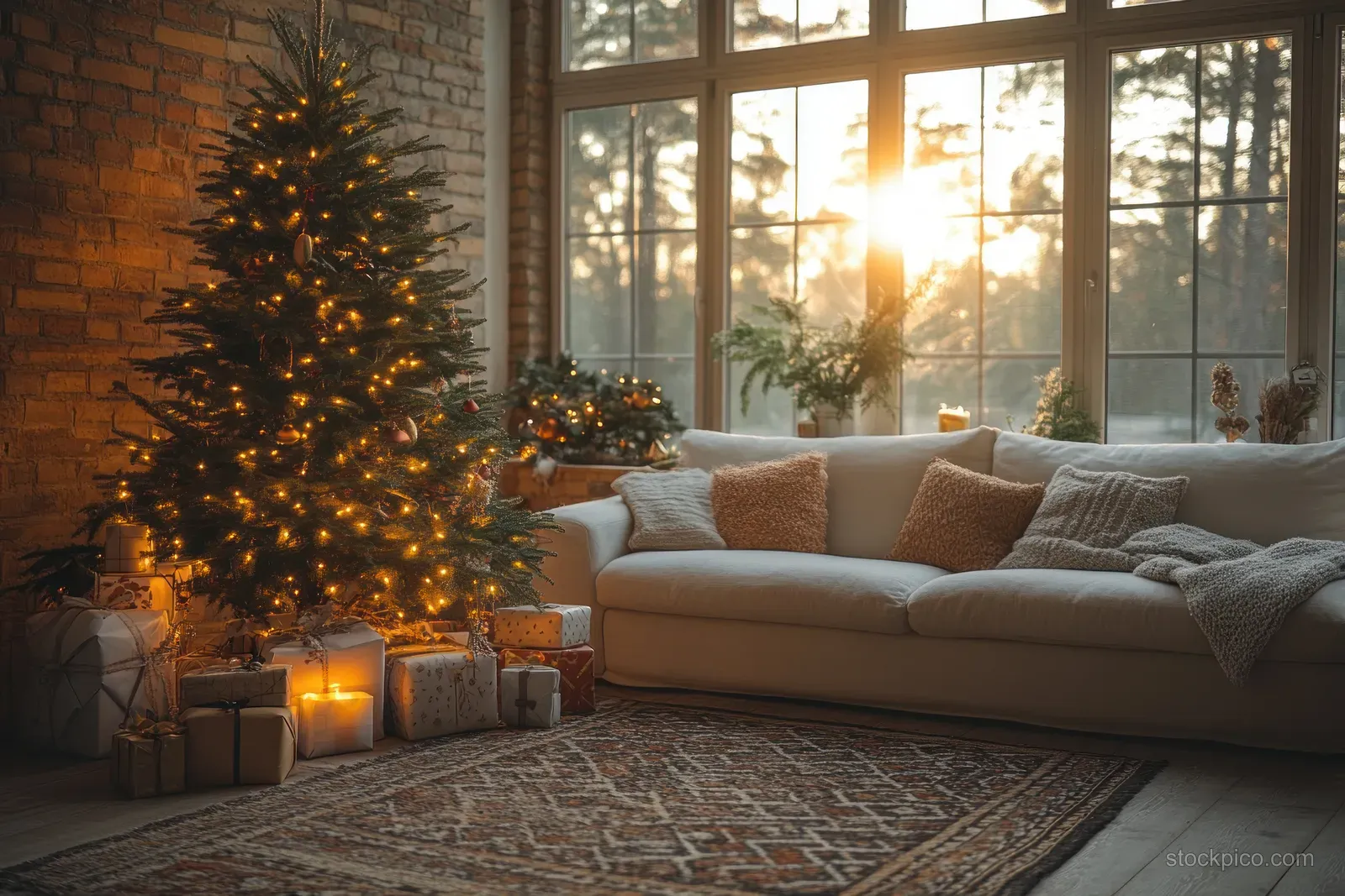 A lit Christmas tree stands in a cozy Scandinavian living room with wrapped gifts, candles, and warm window sunlight.