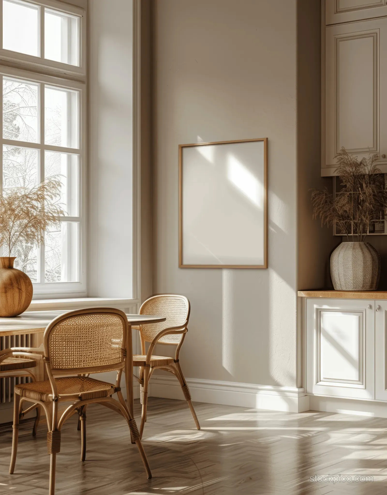 Sunlit kitchen interior corner with beige walls, rattan chairs, white cabinets, and a wooden-framed poster on display.