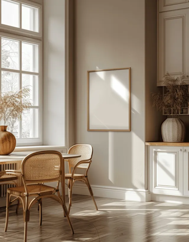 Cozy kitchen interior with sunlit window, rattan chairs, and framed poster on beige wall