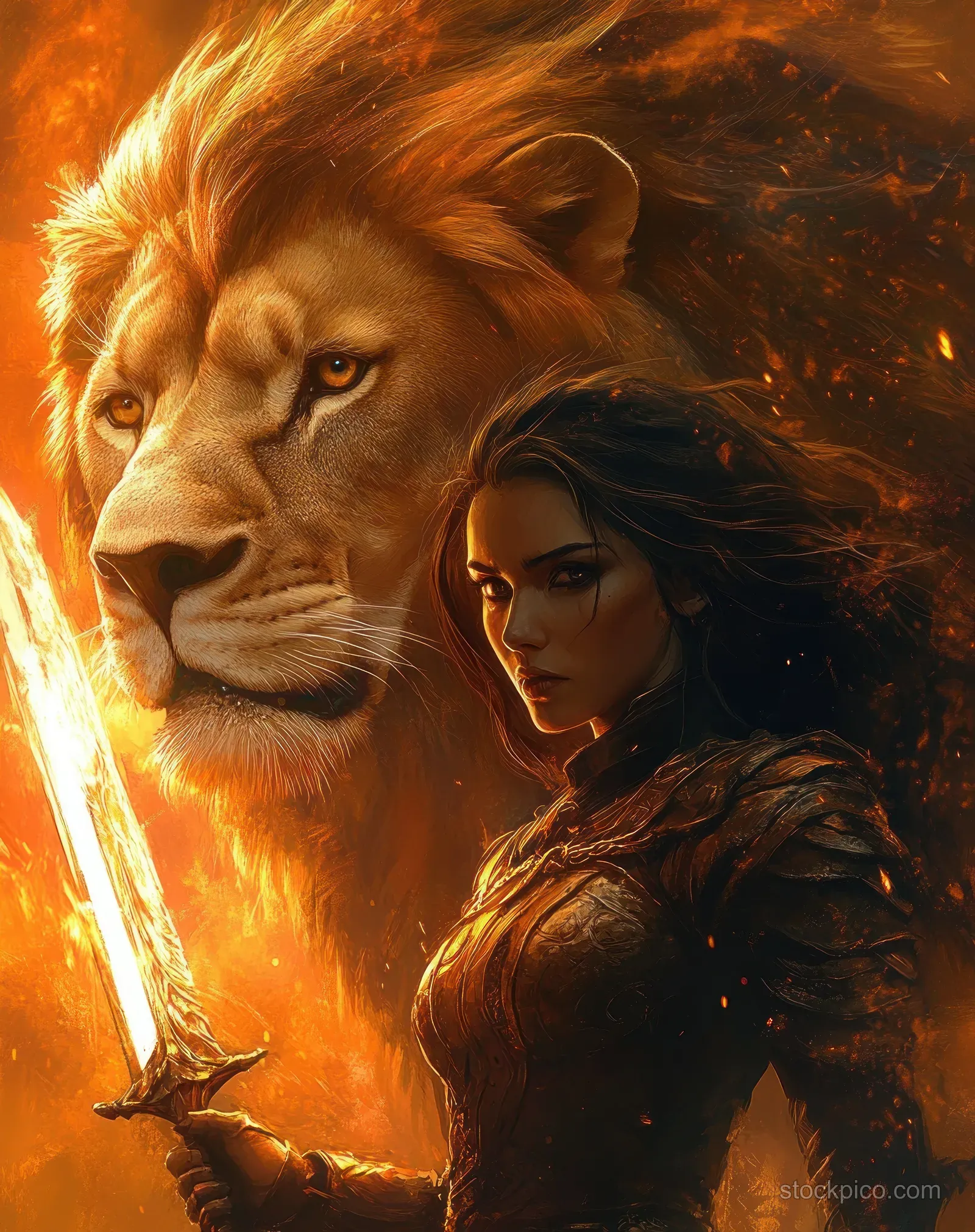 A woman warrior in armor holds a sword while a roaring lion looms behind her in orange flames.