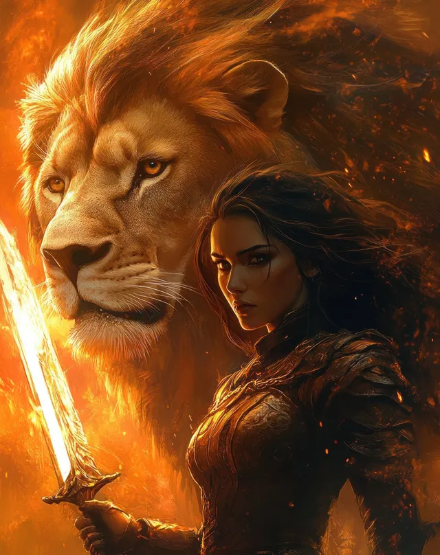 Fierce warrior woman shielding herself with a sword beside a lion in fiery battle