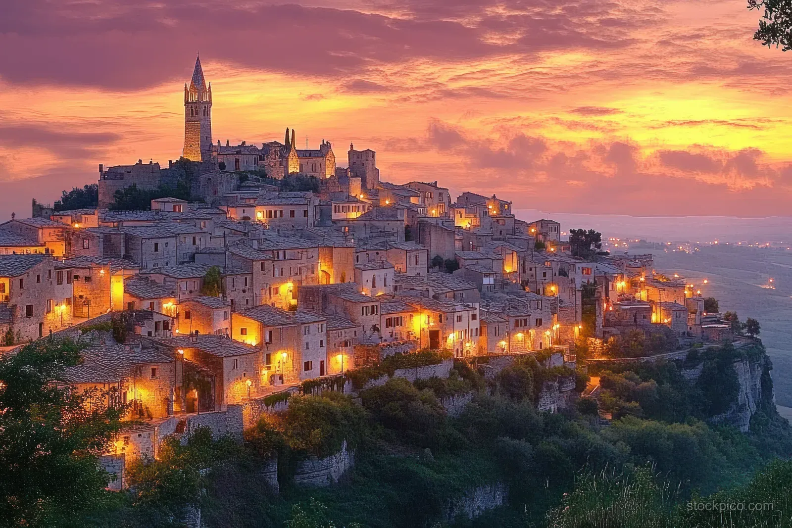 Twilight panorama of Matera’s stone houses on a hillside with a glowing church bell tower.