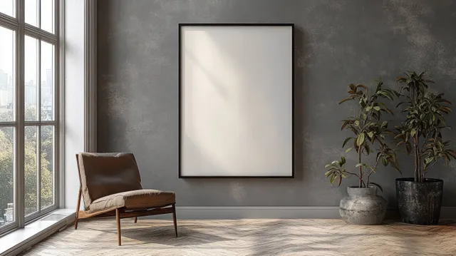 Minimalist chair and blank framed artwork against a gray wall illuminated by natural window light.