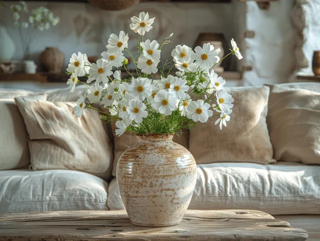A bright modern minimalist living room with a beige sofa, white flowers in a ceramic vase, and warm neutral decor.