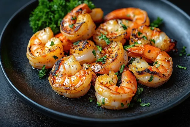 Grilled shrimp with chopped herbs on a black plate, with a parsley sprig blurred in the background.