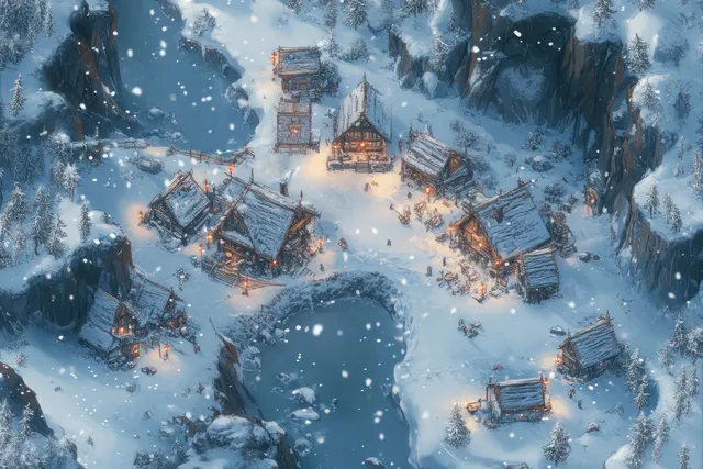 Overhead snowy arctic village battlemap with warm cabin lights, icy tracks, and falling snow.