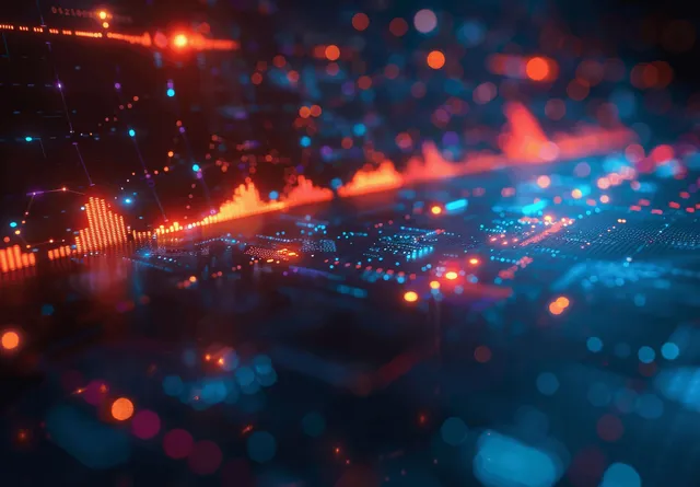Candlestick market chart overlay on digital exchange data with glowing trading lights