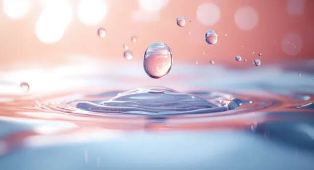 Collagen serum drop landing on glossy skin-surface texture with soft bokeh