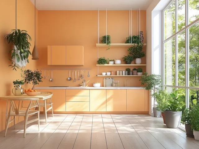 Minimal kitchen with pastel orange cabinets, natural wood accents, potted plants, and sunlight through large windows.