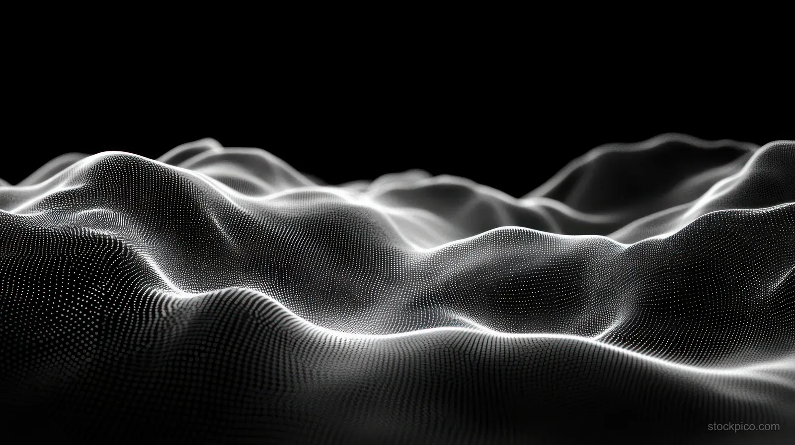 Glowing white dot wave contours undulate across a dark abstract digital mesh landscape.
