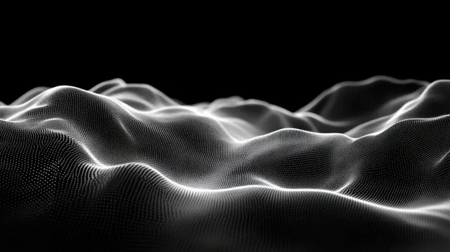 Glowing white dot waves ripple across a dark abstract digital landscape mesh