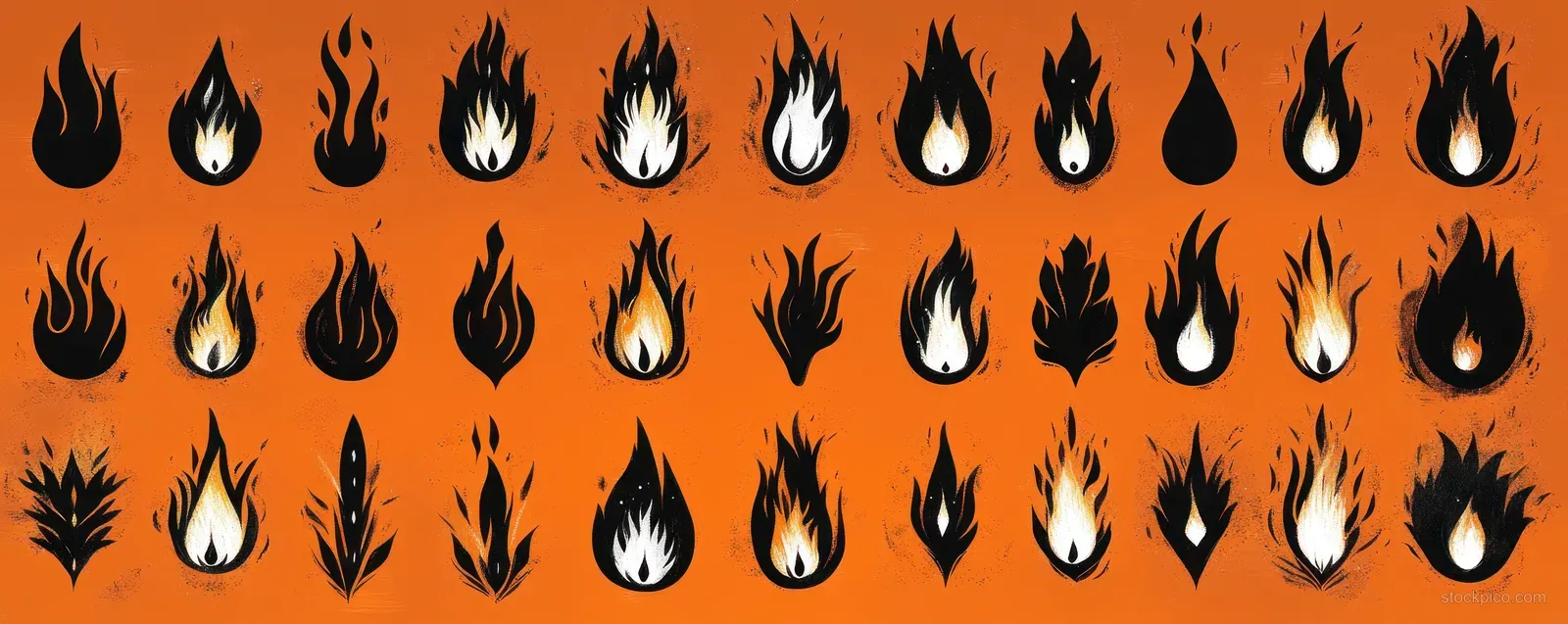 A grid of flame icons and silhouettes on a bright orange background.