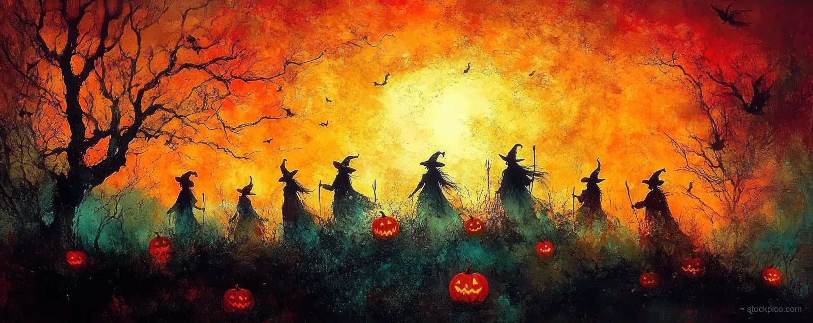 Silhouetted witches carrying staffs and jack-o'-lanterns walk through dark bushes under an orange twilight sky.