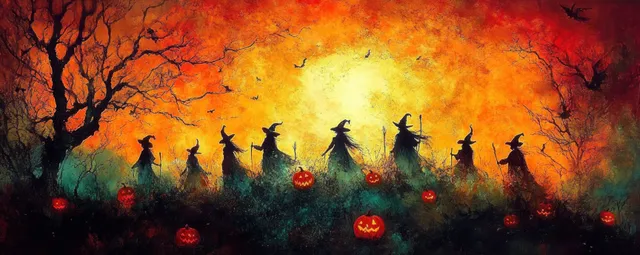 Silhouetted witches carrying staffs and jack-o'-lanterns walk through dark bushes under an orange twilight sky.