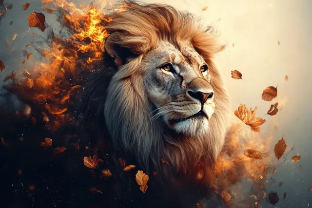 Lions head symbol with flames and autumn leaves in a faith-themed abstract scene