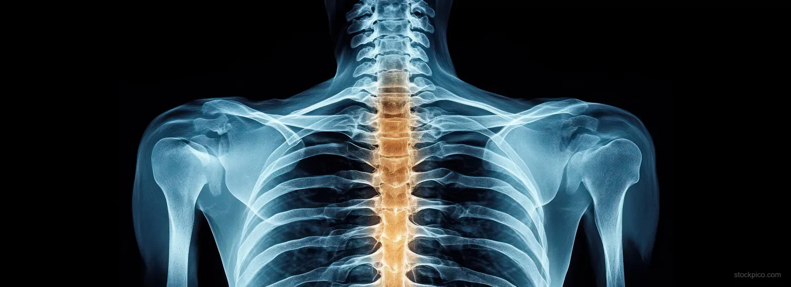 X-ray shows the human upper torso skeleton with the spine and ribcage clearly visible against a dark background.