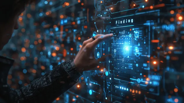 Analyst using interactive KPI dashboard on computer screen with glowing data charts