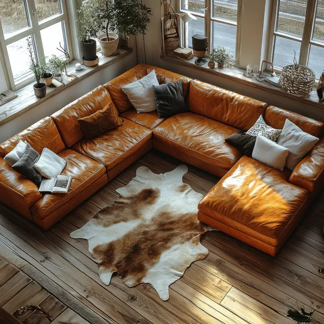 Sunlit minimalist living room showing a brown leather sectional, wooden coffee table, and animal hide rug.