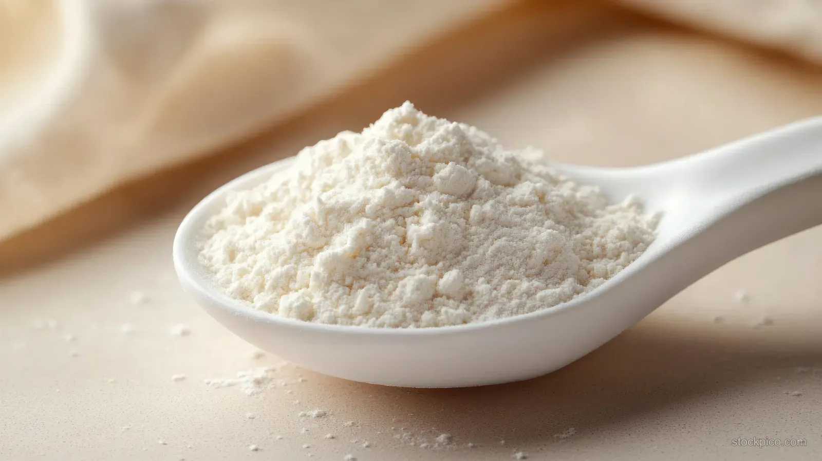 A white spoon piled with fine white powder on a beige tabletop, showing powder texture and grains.