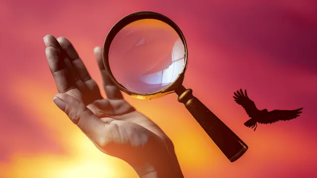 Magnifying glass over palm with exclamation sign in red-orange warning concept backdrop