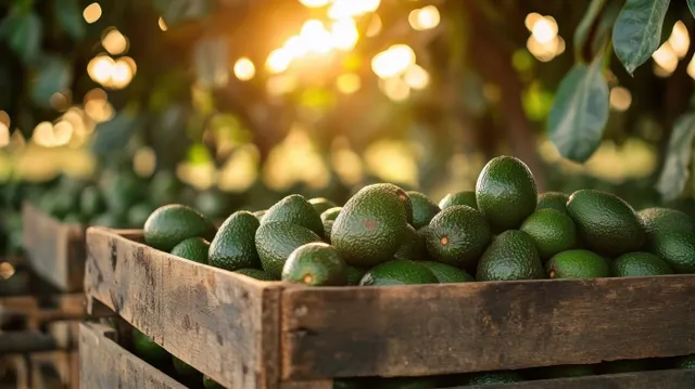 Green avocados piled in a rustic wooden crate with warm sunlight and blurred orchard leaves behind.