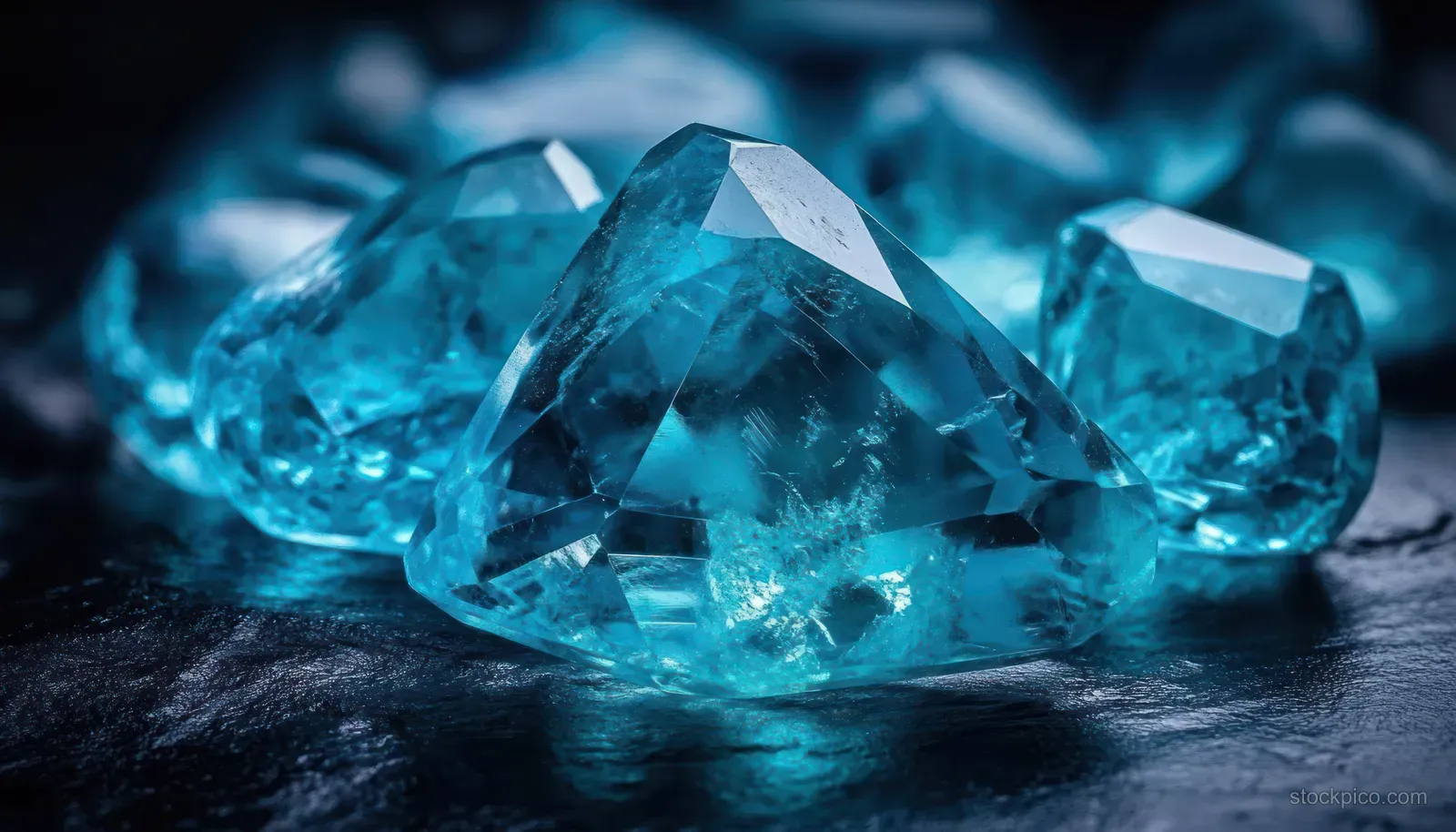 Bright blue rough gemstones lie on a dark textured surface, showing faceted highlights and natural inclusions.