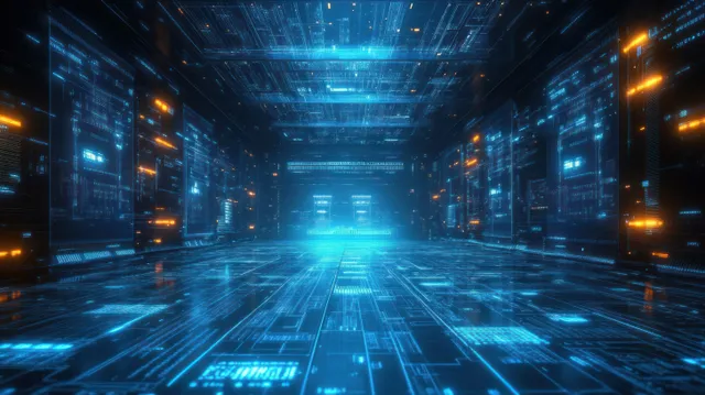 A sleek sci-fi corridor features glowing blue and orange circuit patterns and an illuminated grid floor in a high-tech space.