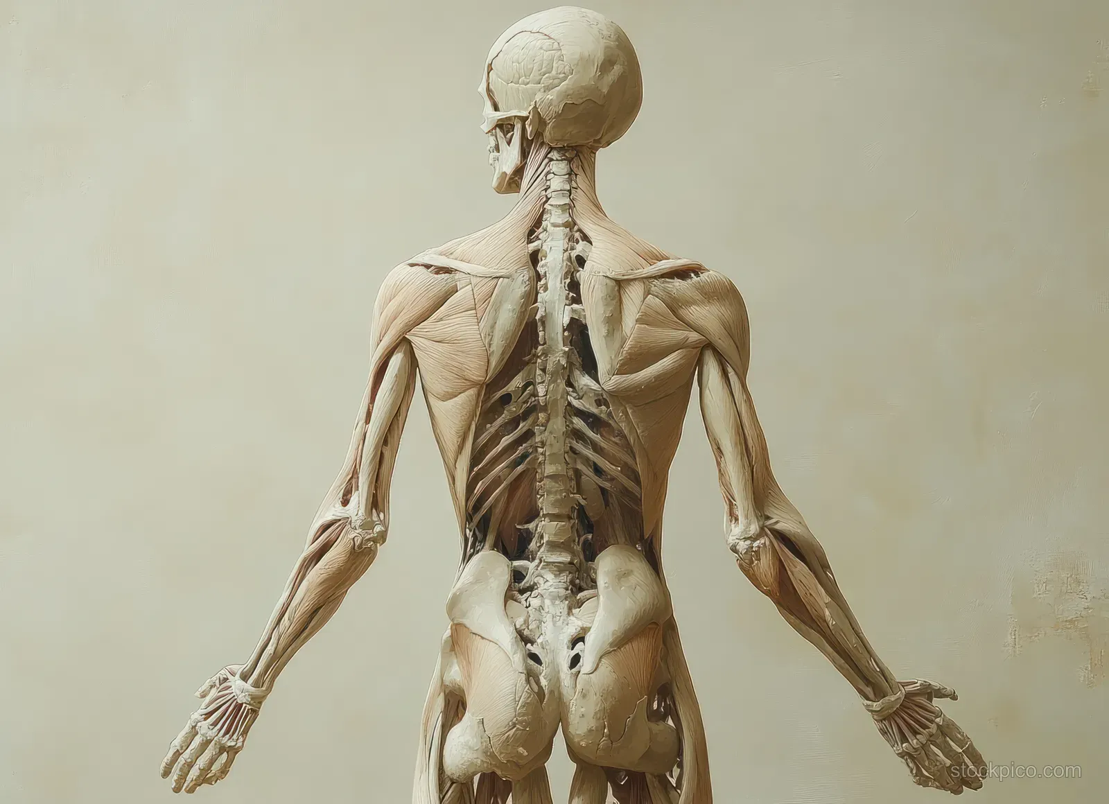 Front view anatomical illustration of a female skeleton and muscles with faint glowing circulatory vessel overlays.