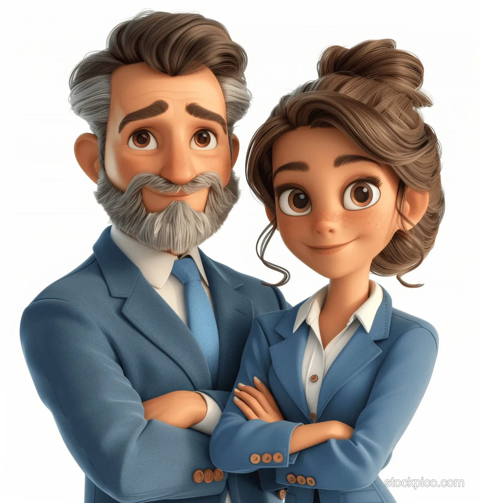 3D cartoon businessman and businesswoman in blue suits smiling with crossed arms against a white background.