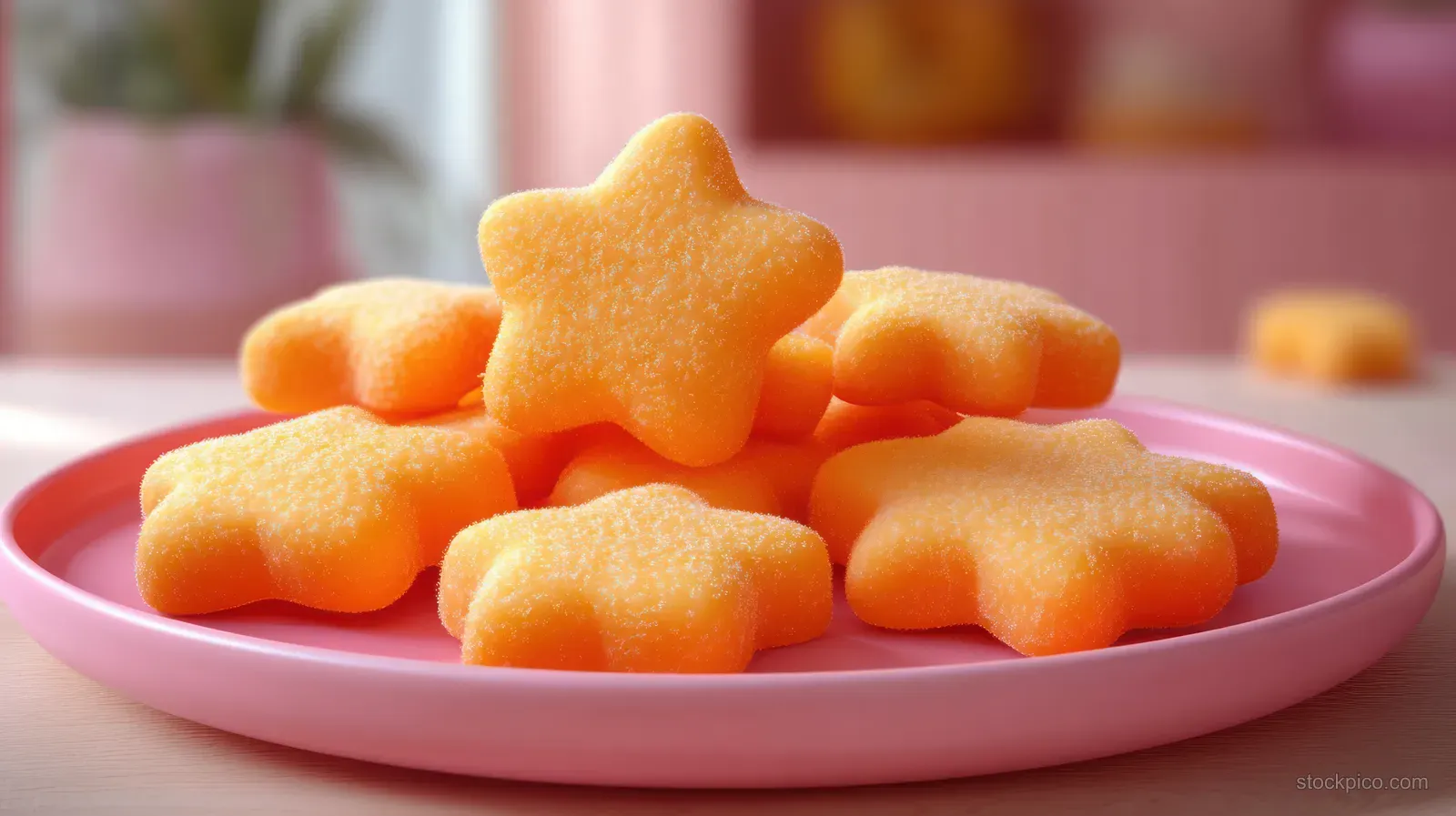Orange star gummy candies with sugar crystals arranged on a pink plate in soft warm light.