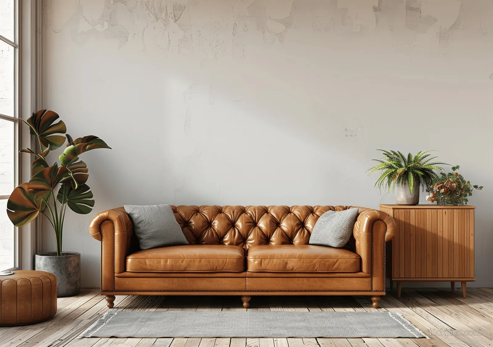 Brown leather sofa and wooden cabinet sit in a bright minimalist living room beside indoor plants and a blank white wall.