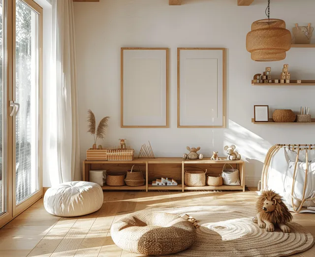 Minimalist nursery room with wooden frames, toys on shelves, boho textures and soft daylight