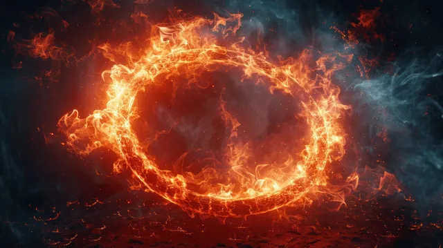 Fiery red lightning ring crackling inside dark smoky cosmic background with glowing particles