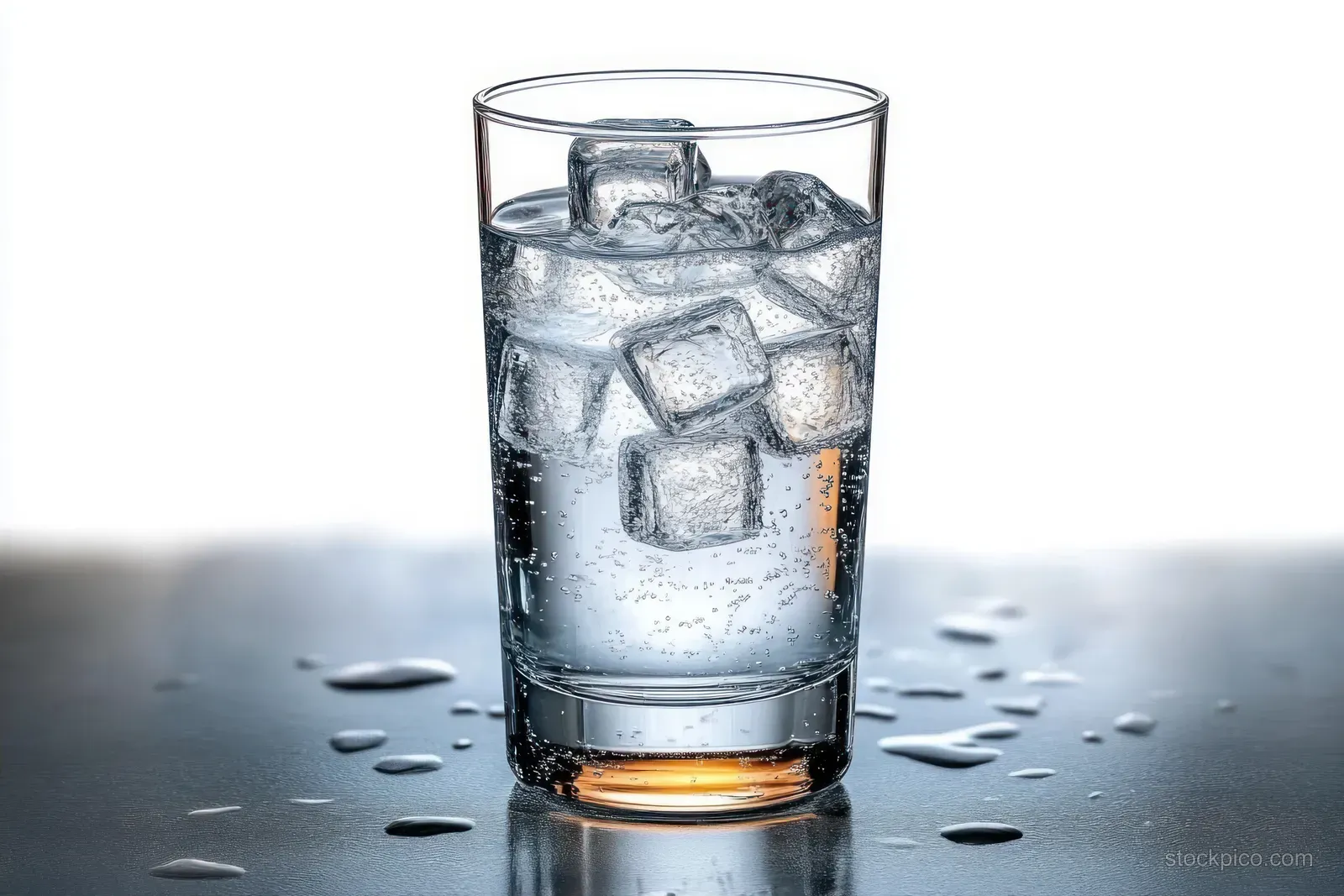 A tall glass of sparkling water with ice cubes and condensation droplets on a dark reflective table.
