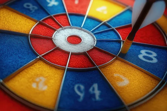 A dart hits the blue eight segment of a colorful dartboard, showcasing precision and focus in competitive play.