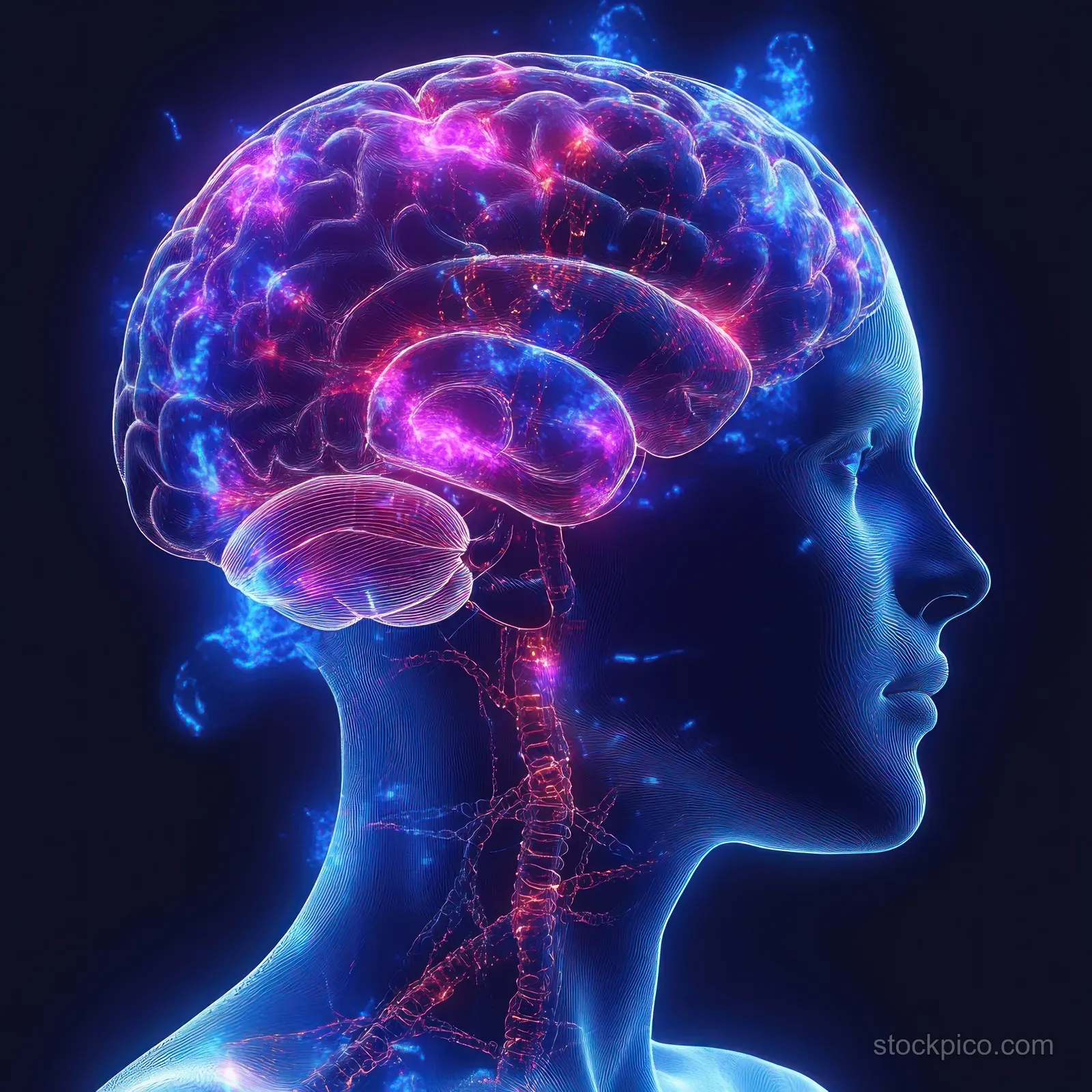 Neon-lit side profile of a human head with a glowing brain and network of luminous neural connections.