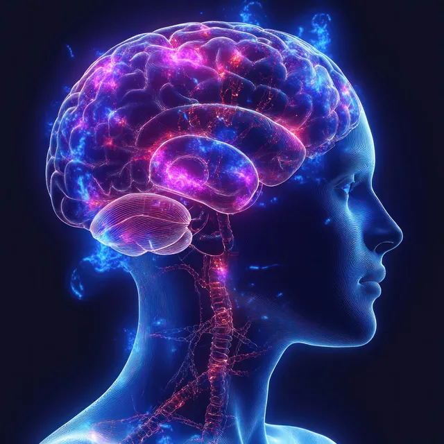 Neon brain side profile with glowing neural network and soft blue purple lighting