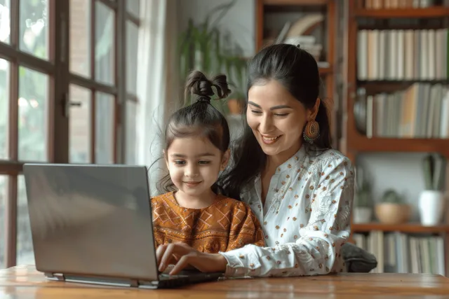 Indian mother and daughter sit at a home table using a laptop for interactive learning.