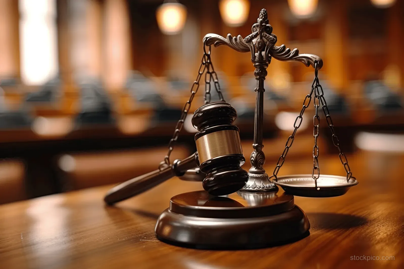 Wooden gavel and brass scales rest on a judge’s desk while the courtroom background is softly blurred.