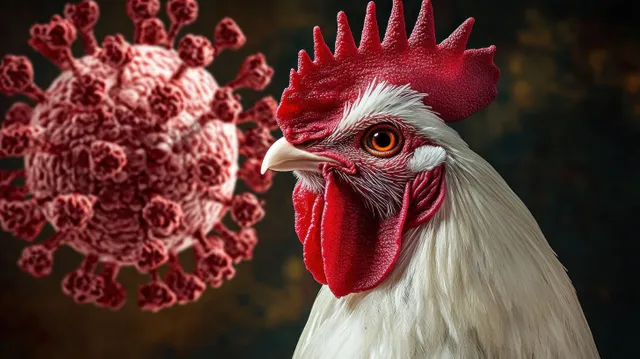 Close-up portrait of a white rooster with a red comb, gazing at a detailed 3D virus particle in the background.
