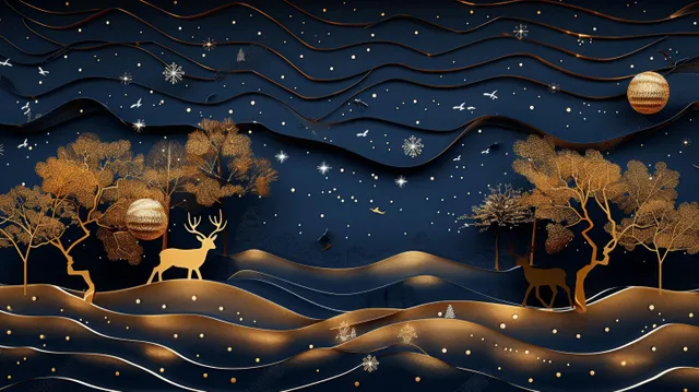 Deer silhouette under starry night sky, golden trees and flowing wave light