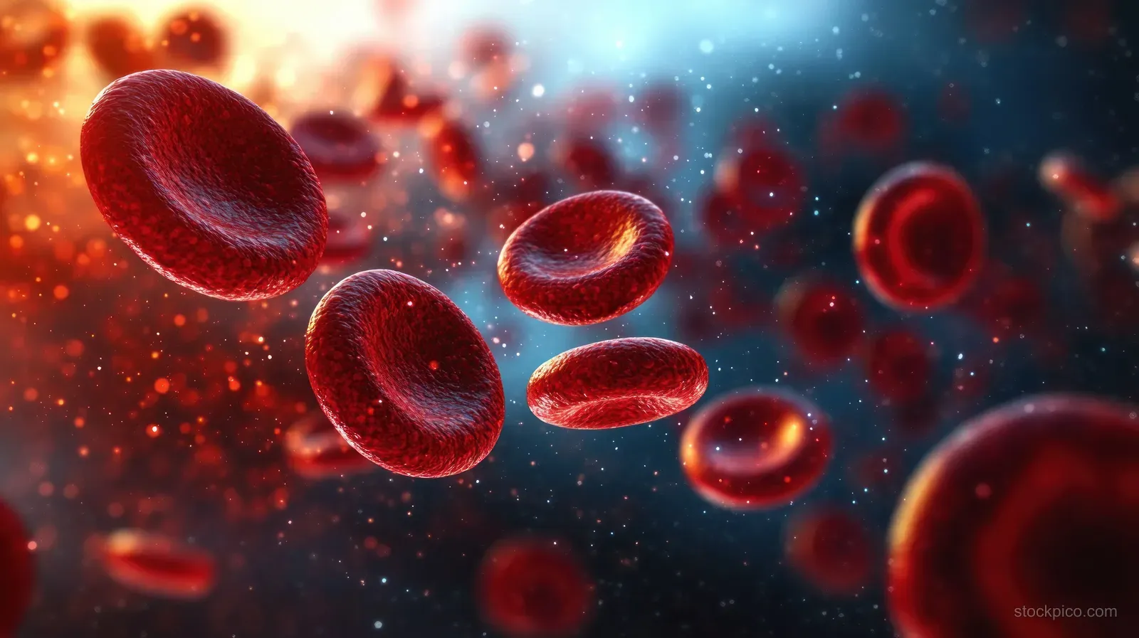 Red blood cells drift through a colorful vein-like background with glowing particles and soft depth.