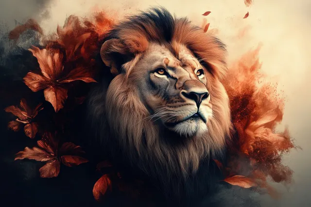 A majestic lion head with fiery abstract floral shapes and a soft glow fills the frame.