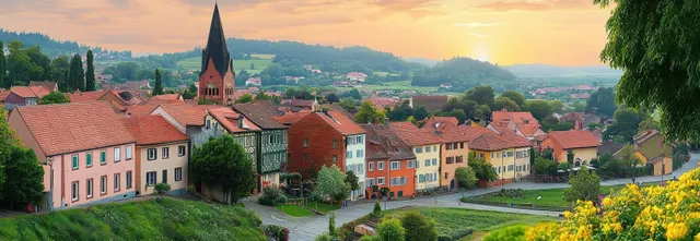 Sunset panorama of a small village with colorful houses and a tall church steeple
